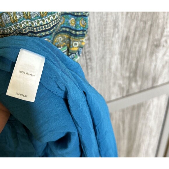 J Jill Midi Dress A Line Lined Blue and Green Short Sleeve Resort Size Medium - Picture 4 of 9